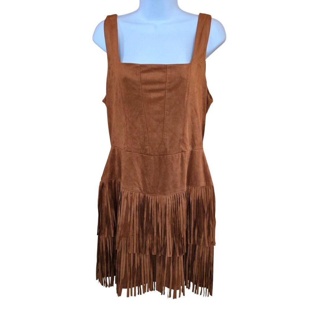 Fringe Western Brown Dress Sleeveless faux Suede Boho Style cottagecore coquette - Picture 1 of 8